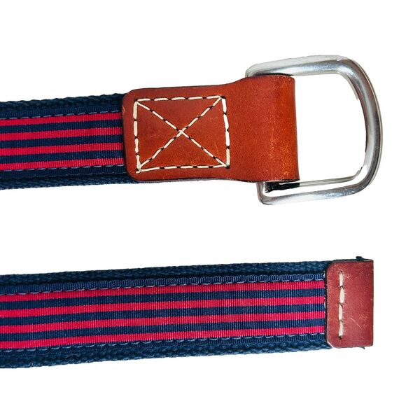 Navy Blue and Red Striped Belt Size L XL Brown Leather  Ends Unisex Men Women - Picture 2 of 6